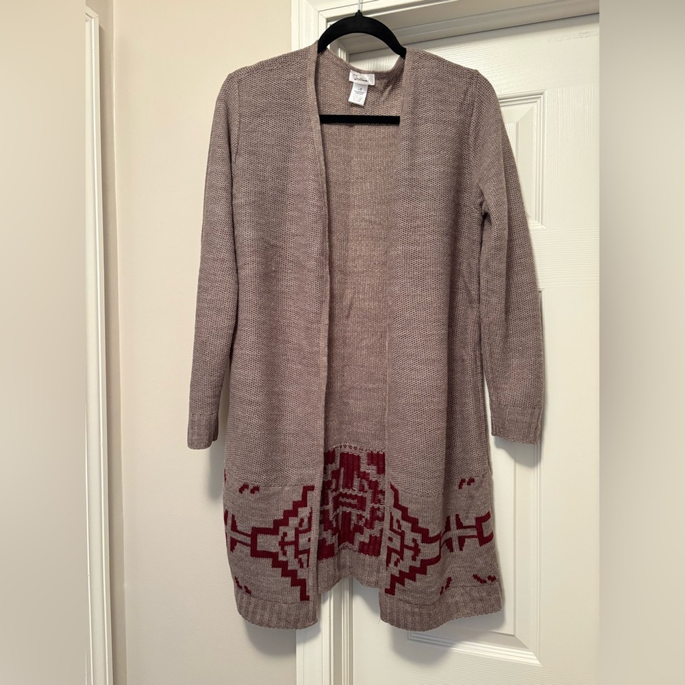 Women's Open Front Cardigan Sweater - Taupe with Red Aztec Print